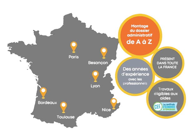 Carte de France indiquant les villes où LADI Group intervient : Paris, Besançon, Lyon, Bordeaux, Toulouse, Nice — avec montage de dossier administratif, expérience pro et travaux éligibles aux aides CEE.